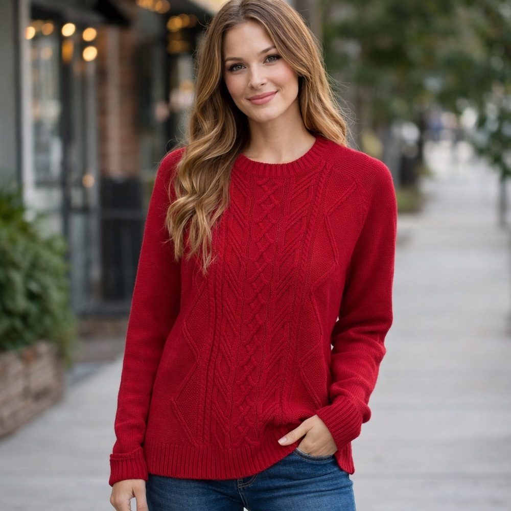 Lands' End Red Cotton Drifter Cable Knit‎ Sweater L Preppy fisherman Old Money